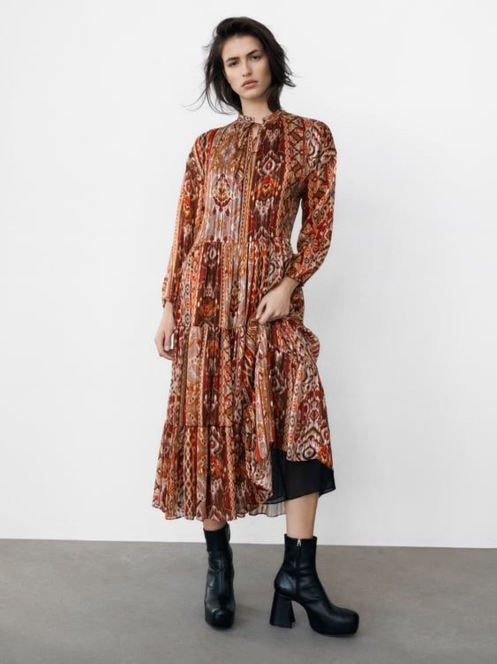 Zara Rust Multi-Pattern Tiered Midi Dress